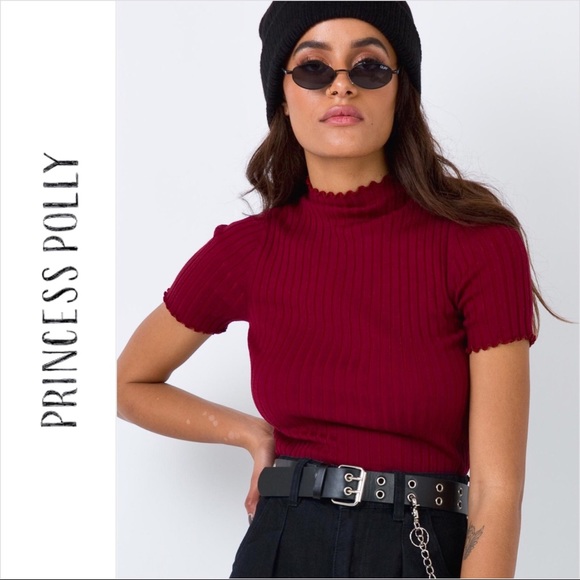 Princess Polly Wine Red Ribbed Cropped Turtleneck Top - Picture 2 of 7